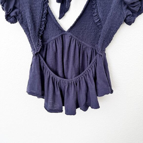 [Free People] Blue Charlotte V-Neck Smocked Open Back Top Puff Sleeves Sz Small - Picture 7 of 11